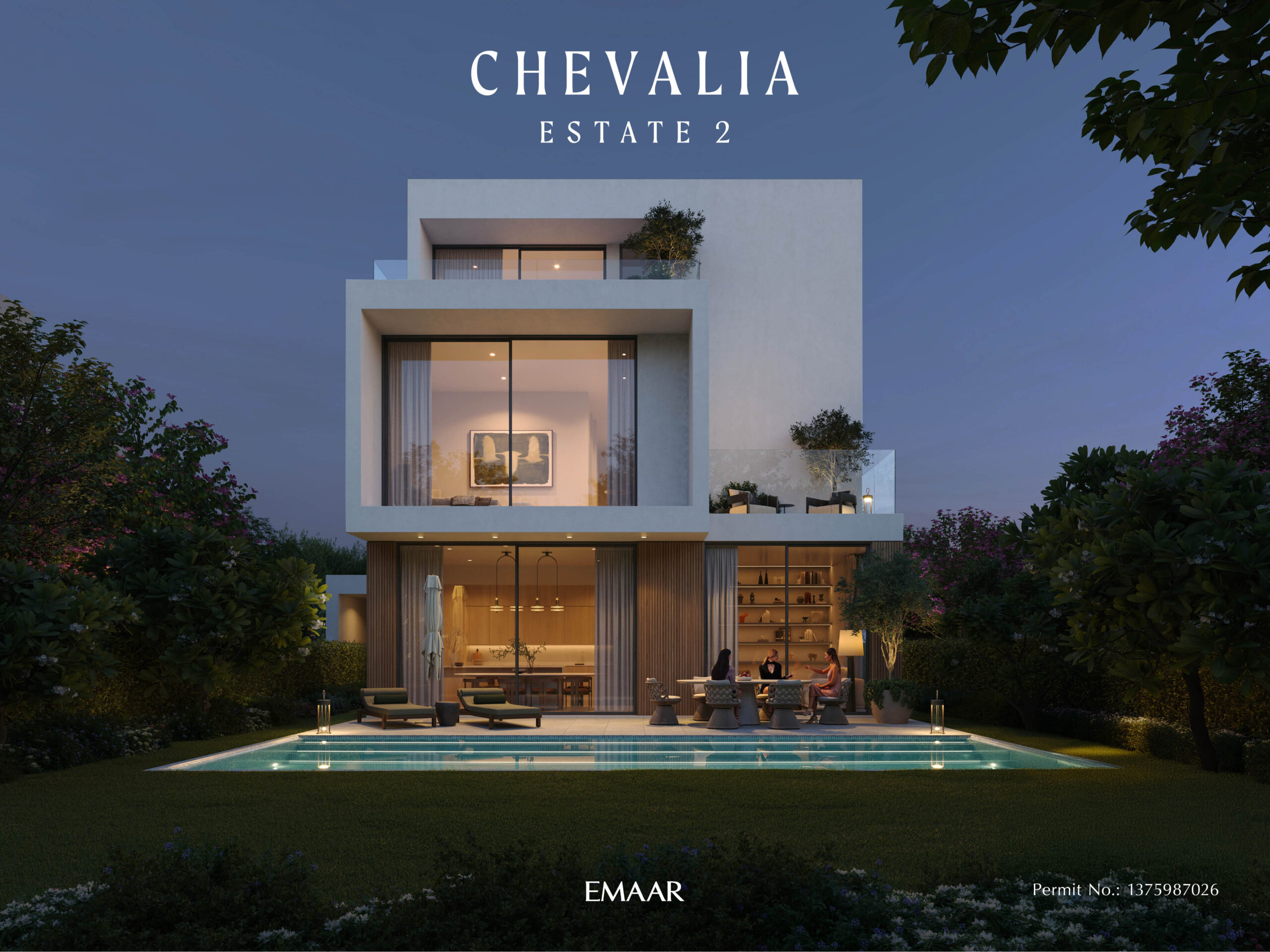 The exterior of a villa with a private garden and seating area.