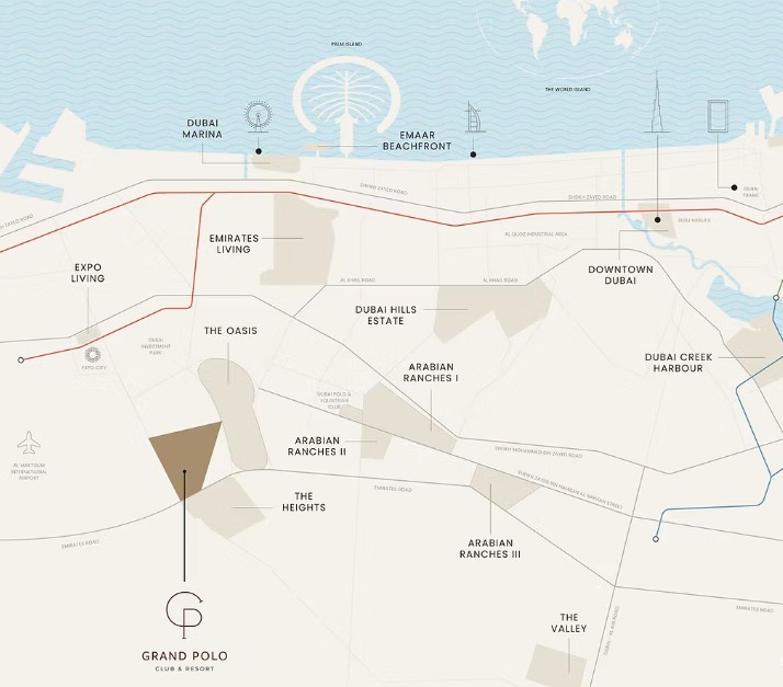 A high-quality masterplan rendering of Grand Polo DXB community.